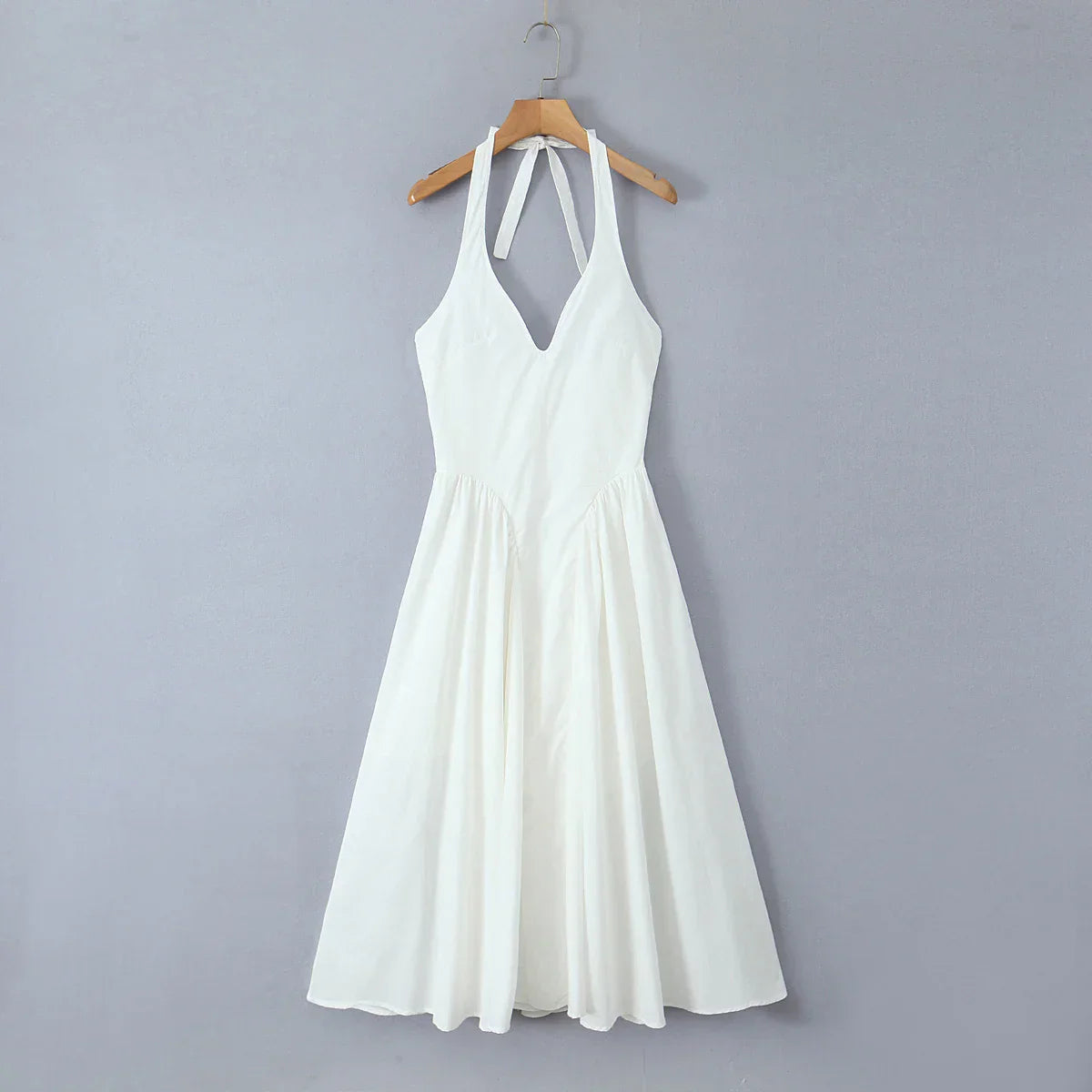 White Bow Halter Pleated Midi Dress