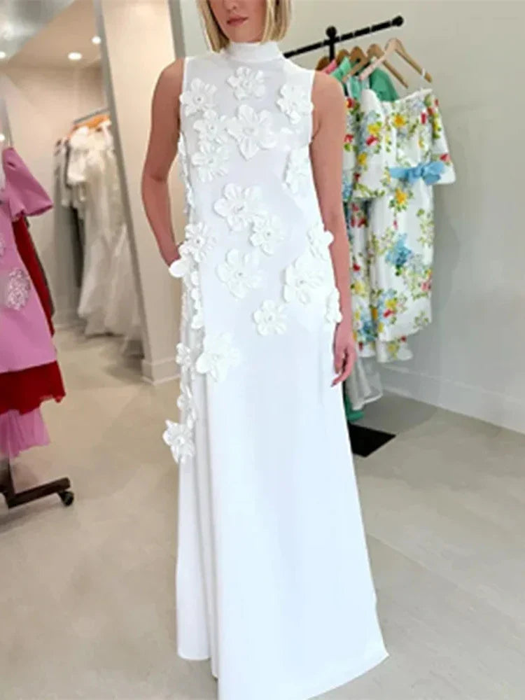 3D Flower Applique Mock Neck Midi Dress