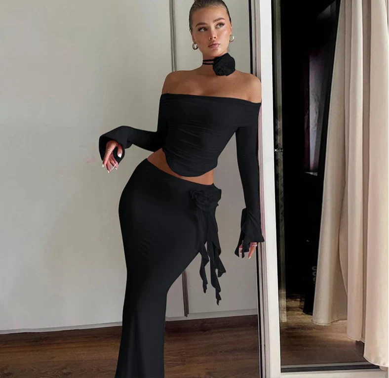Off Shoulder Crop Top Bodycon Maxi Skirt Set