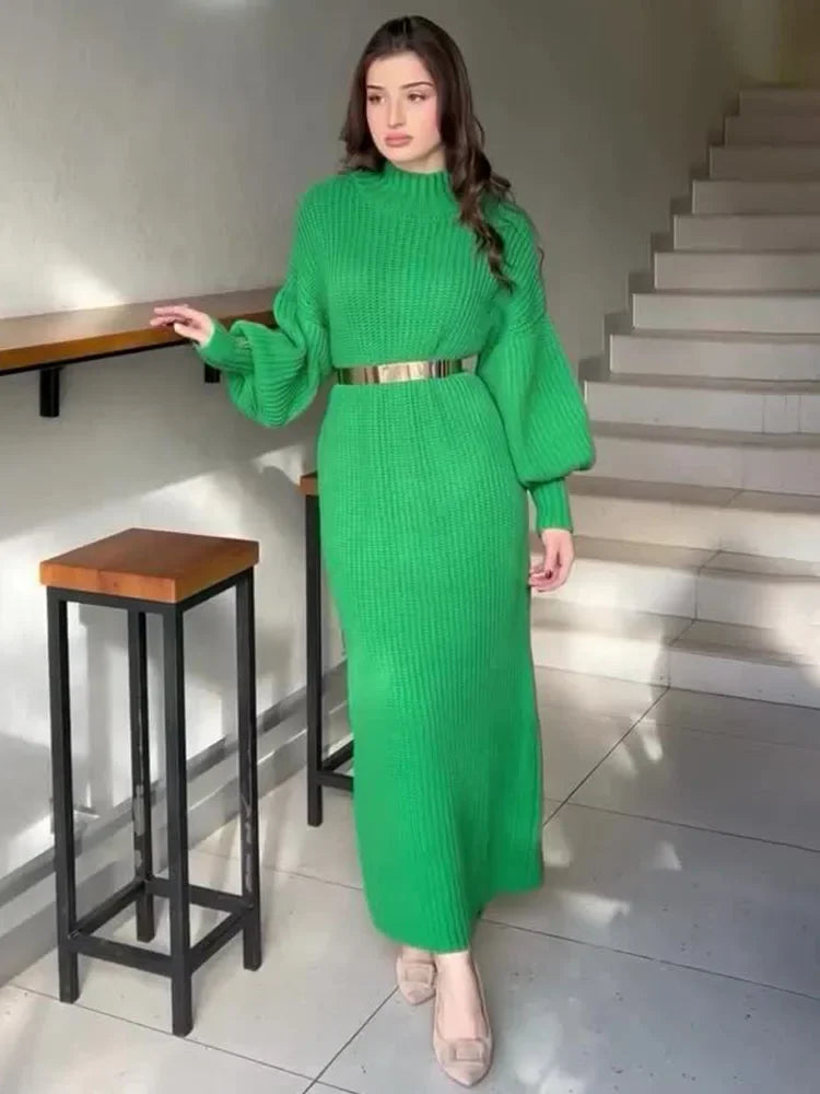 Turtleneck Pullover Belted Solid Party Dress