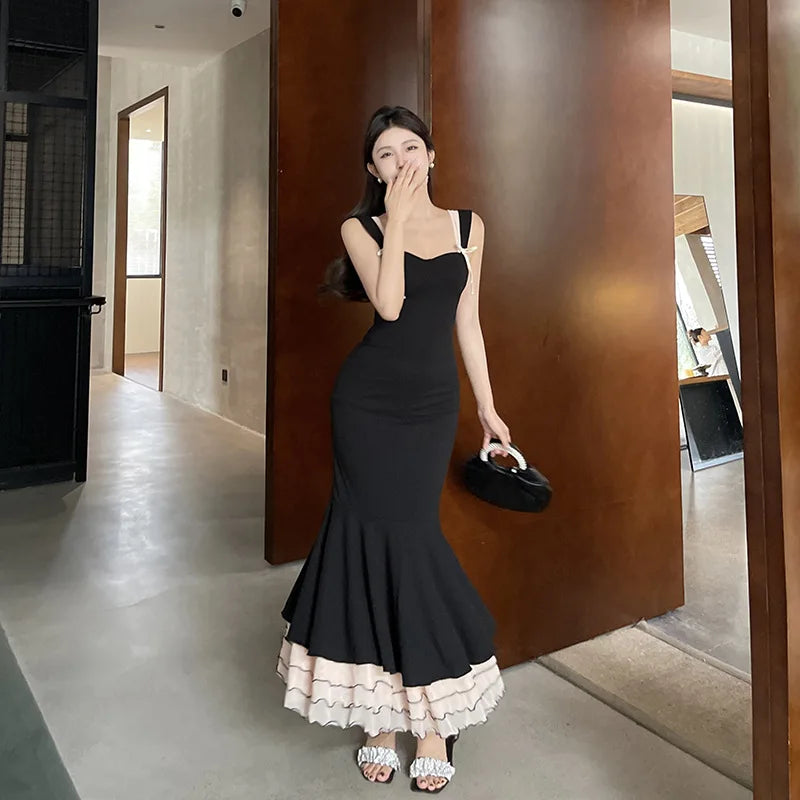 Black Ruffled Fishtail Elegant Midi Dress