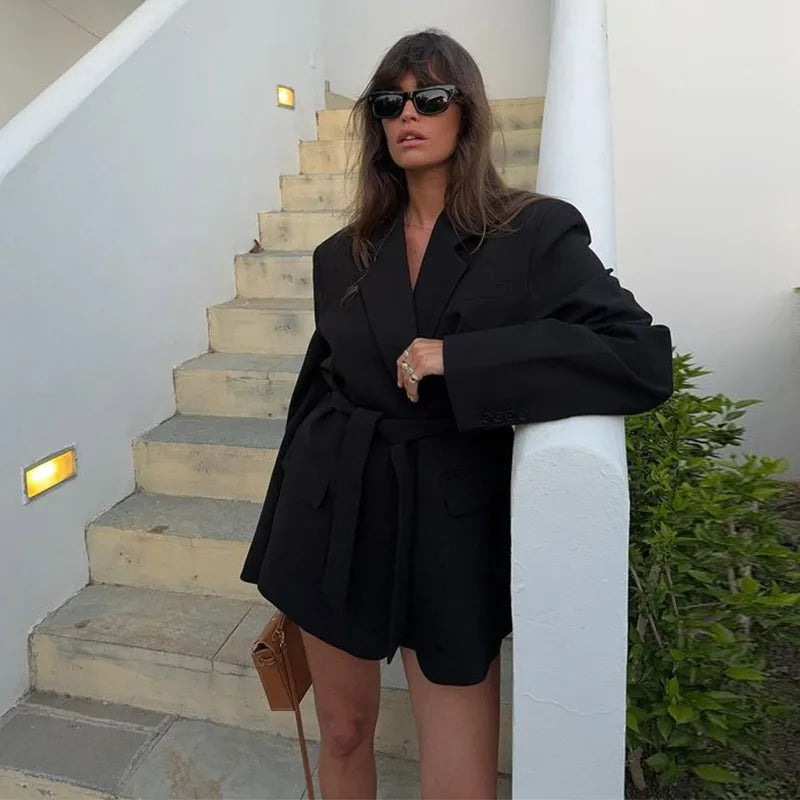 Lace-Up V Neck Solid Blazer Party Dress