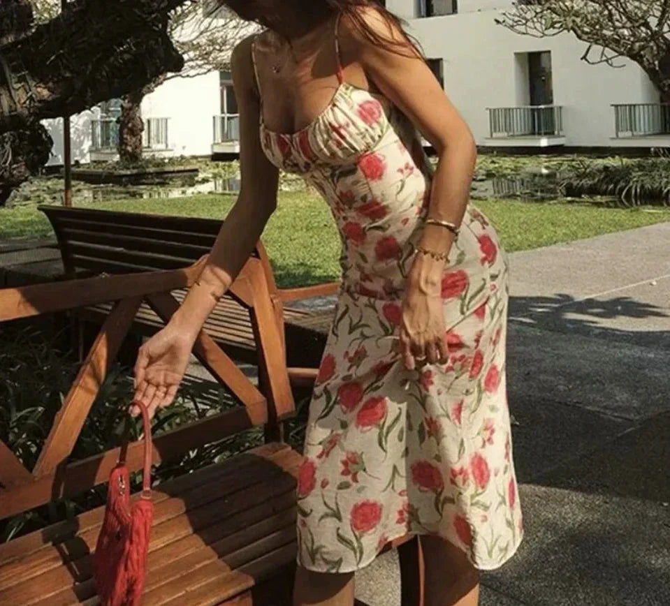 Floral Buttoned Elastic Waist Midi Dress