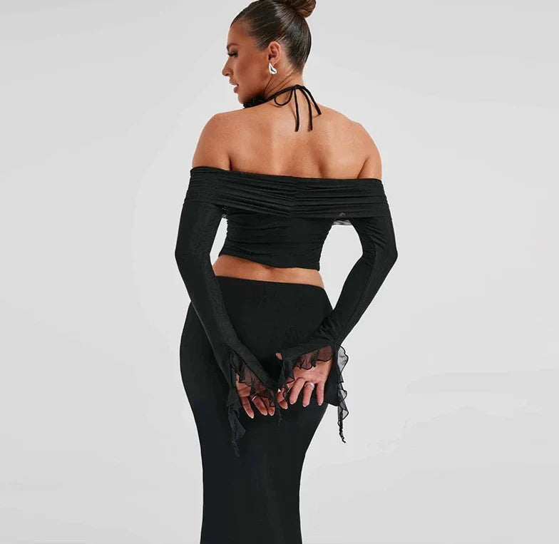 Off Shoulder Crop Top Bodycon Maxi Skirt Set