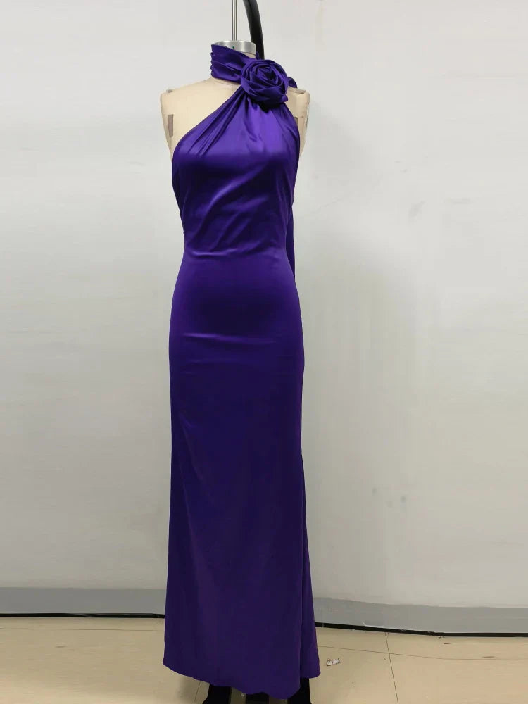 Purple Satin Halter Neck 3D Flower Maxi Dress
