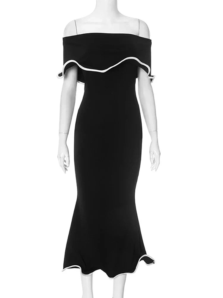Strapless Ruffled Black Party Midi Dress