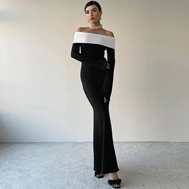 Black White Off Shoulder Long Sleeve Maxi Party Dress