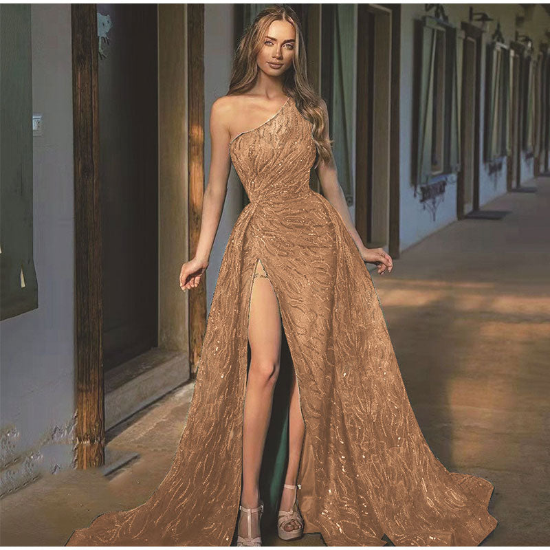 Sequin Off Shoulder High Split Maxi Dress
