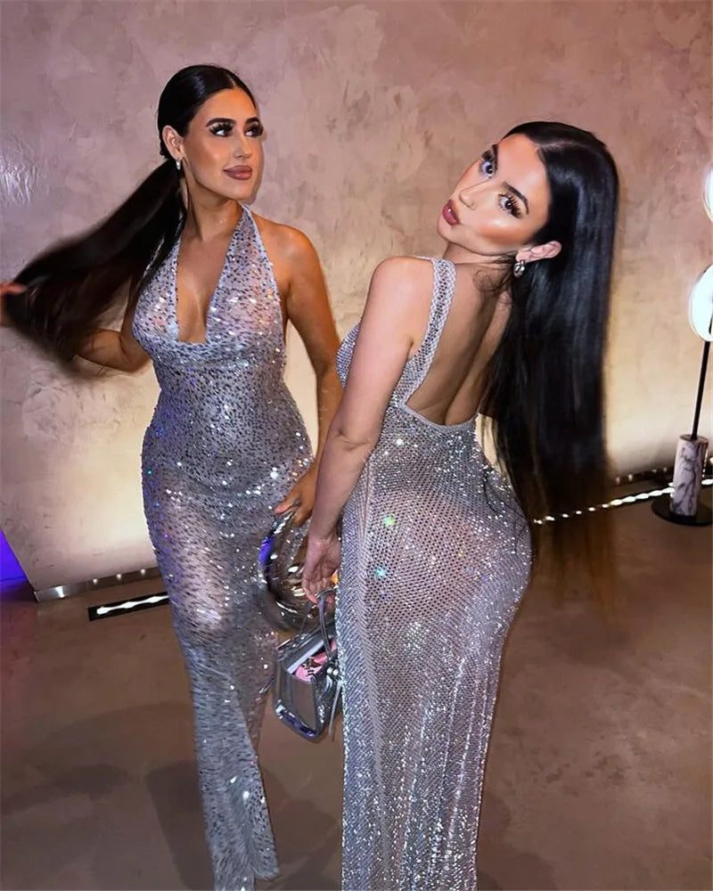 Halter Neck Backless Glitter Long Party Dress