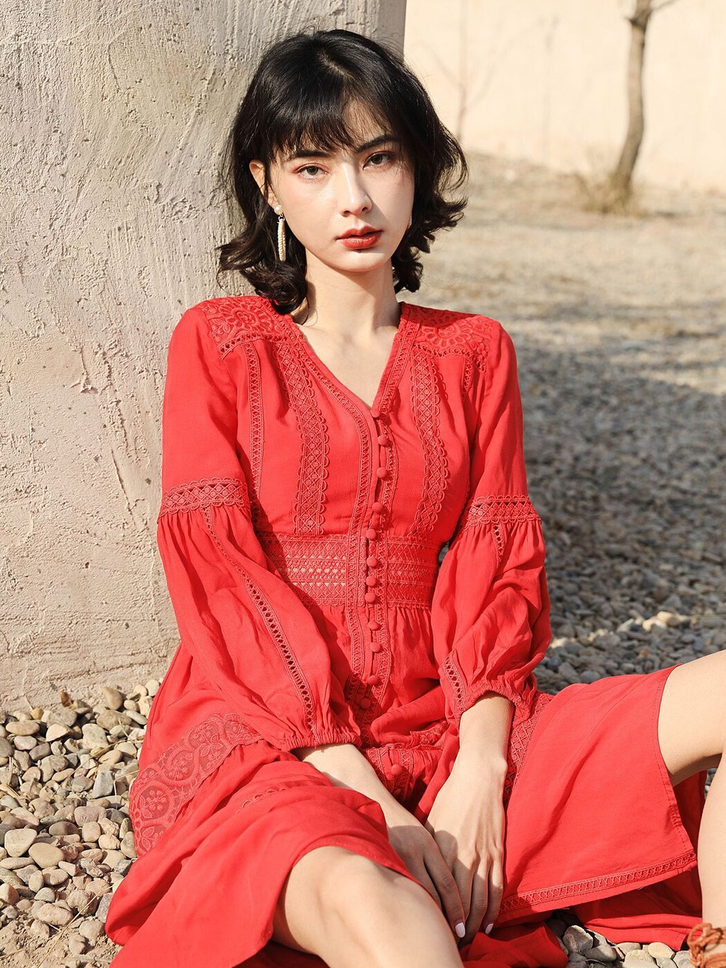 Cotton Patchwork Lace Lantern Sleeve Maxi Dress