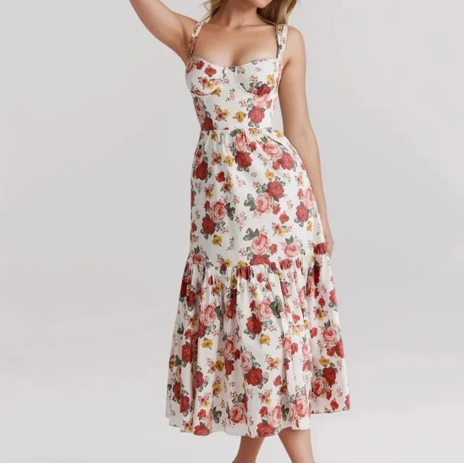 Floral Corset Ruffled Hem Midi Dress
