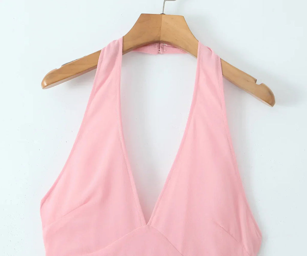 Pink Deep V Halter Sling Midi Dress