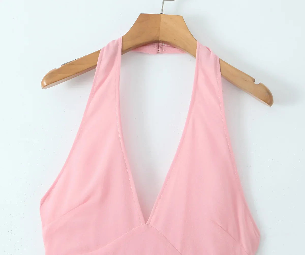 Pink Deep V Halter Sling Midi Dress