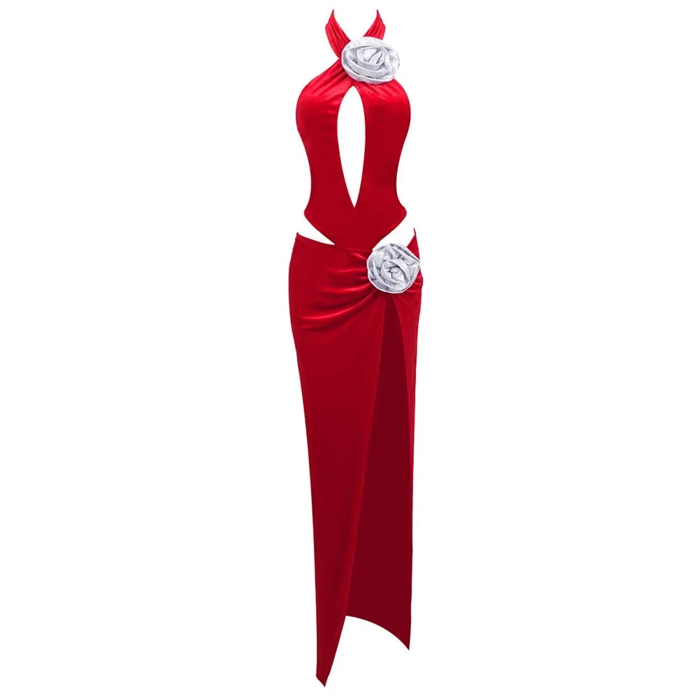 Red Velvet 3D Flower Evening Maxi Dress