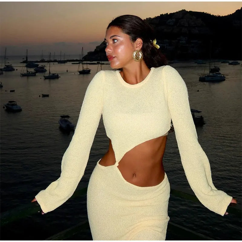 Knitted Hollow O Neck Slit Maxi Dress
