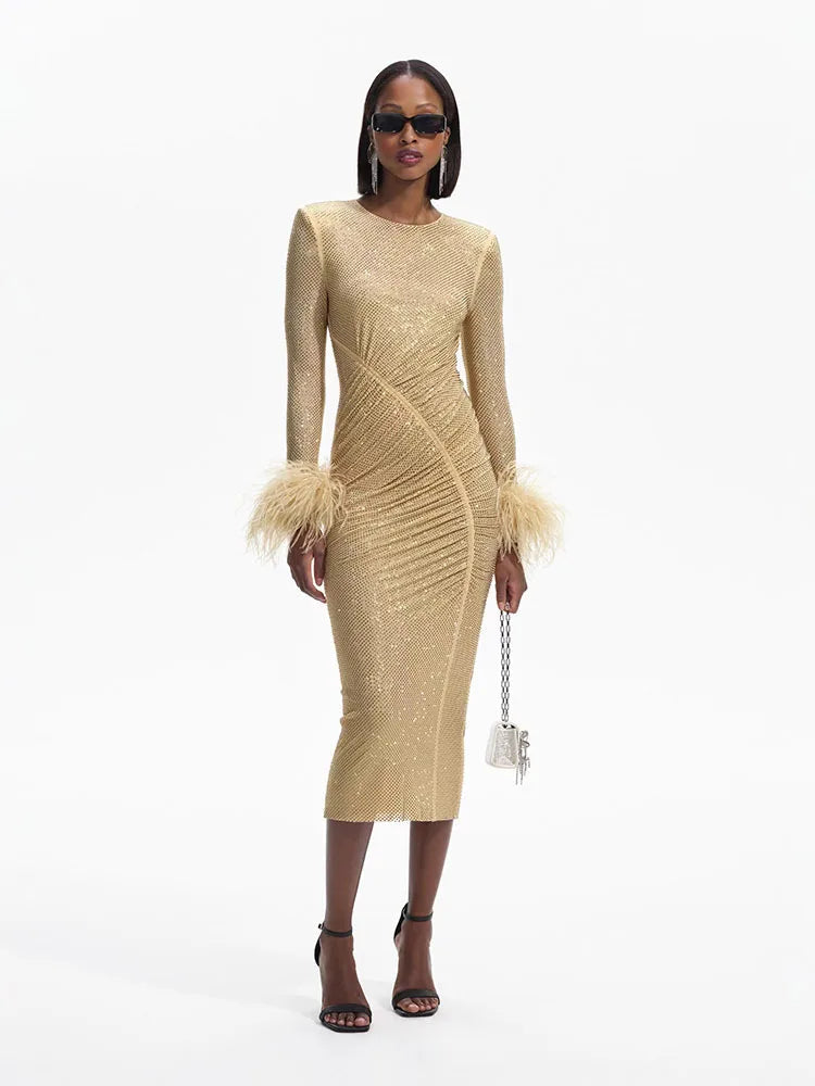 Feather Rhinestone Folded Midi Dress