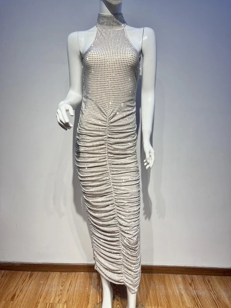 Halter Neck Backless Crystal Fold Long Party Dress