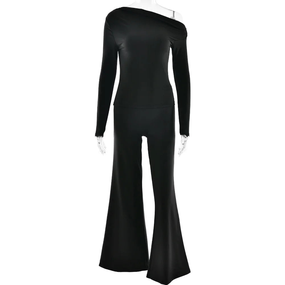 One Shoulder Flare Sleeve Top Pant Suit Party Dress
