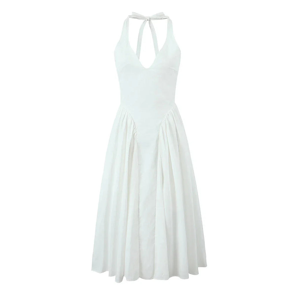 White Bow Halter Pleated Midi Dress