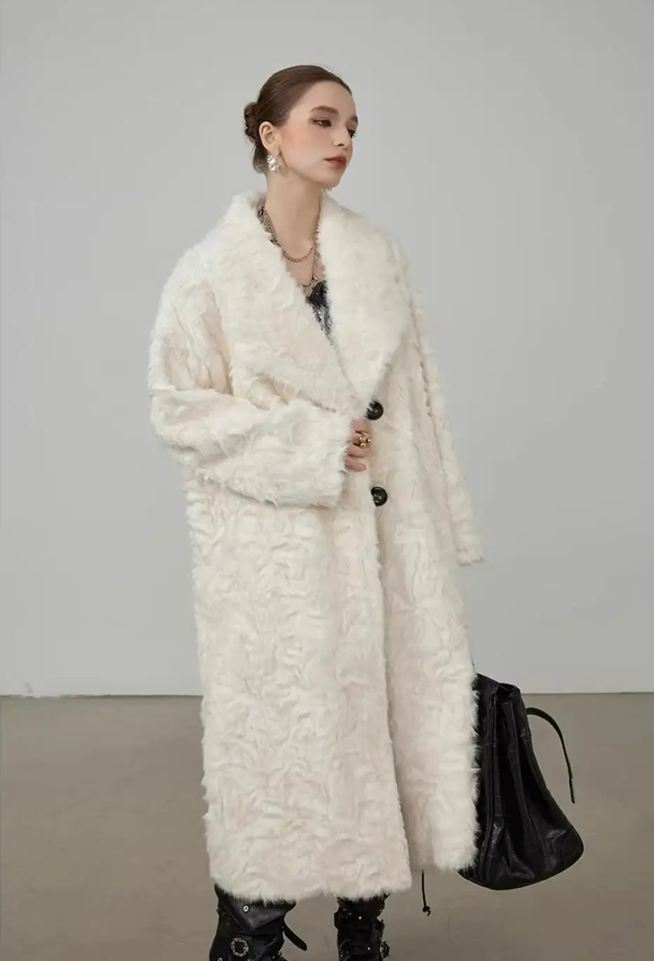Large Lapel Shaggy Faux Fur Long Party Dress