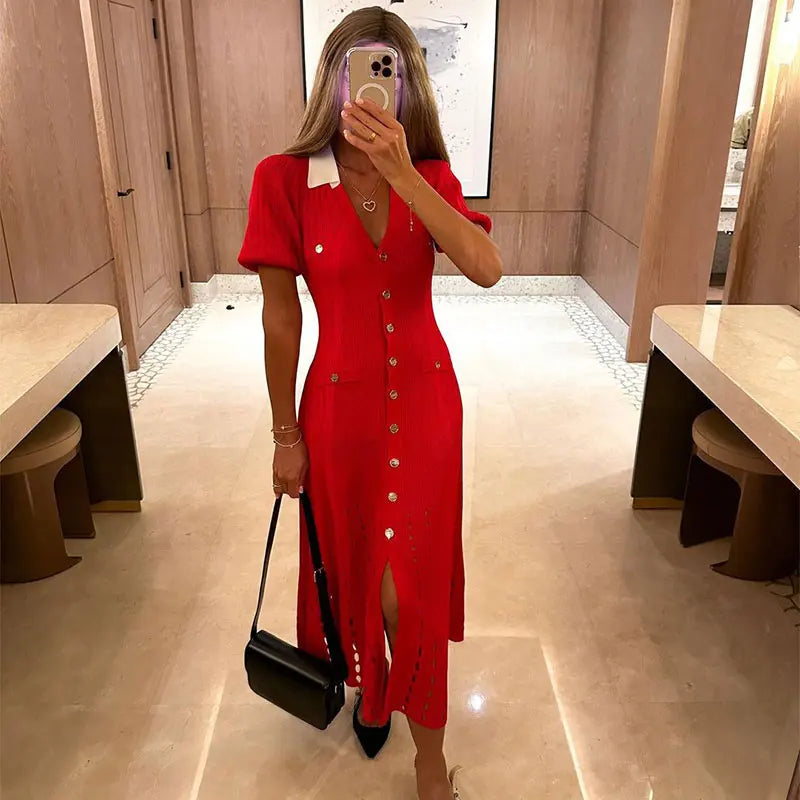 Contrast Collar Buttoned Ribbed Midi Dress