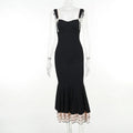 Black Ruffled Fishtail Elegant Midi Dress