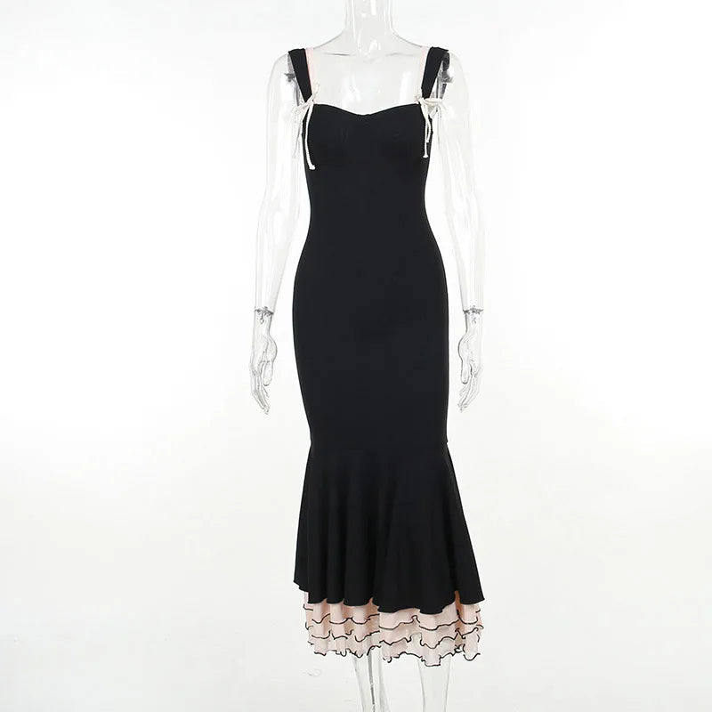 Black Ruffled Fishtail Elegant Midi Dress
