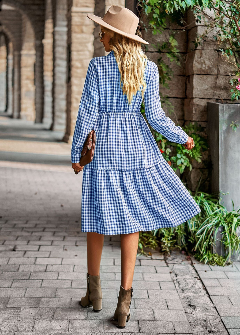 Plaid Long Sleeve Shirt Style Midi Dress