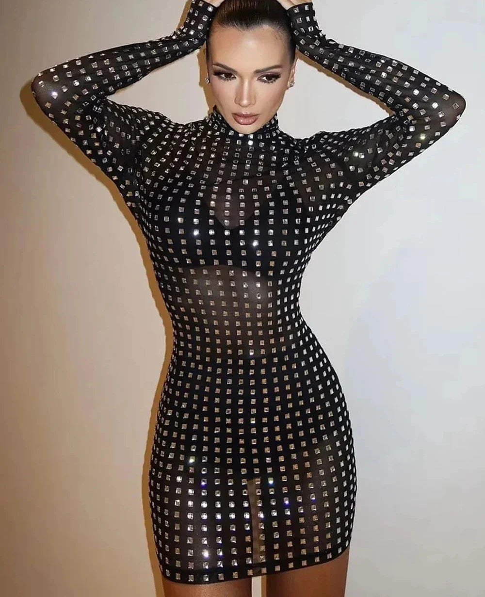 Diamond Crystal Long Sleeve Glam Mini Dress