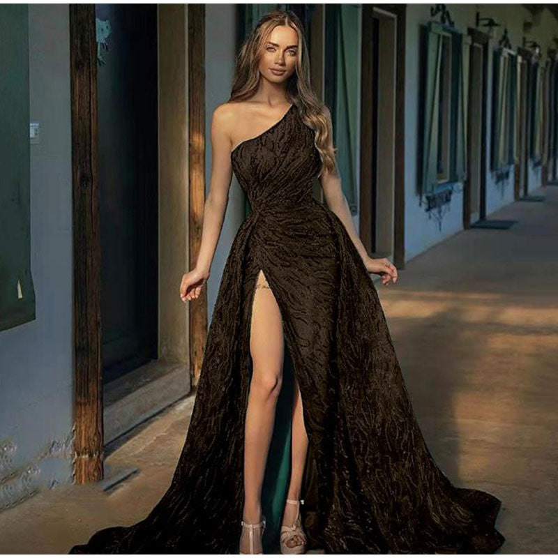 Sequin Off Shoulder High Split Maxi Dress