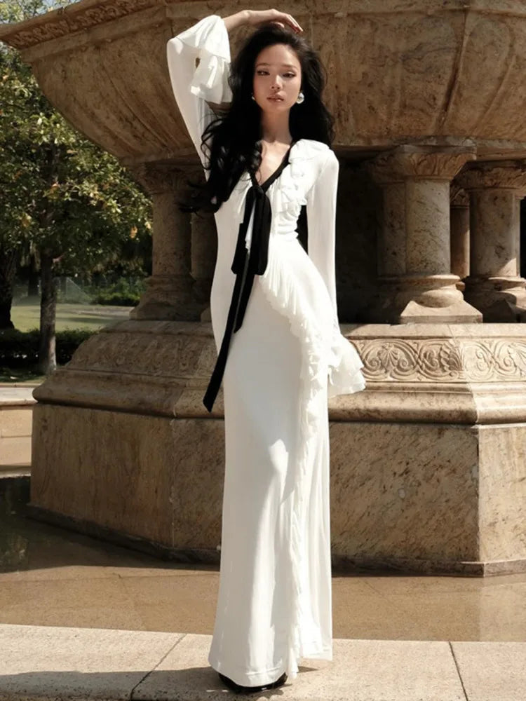 Long Sleeve Ruffled Slit Chic Maxi Dress