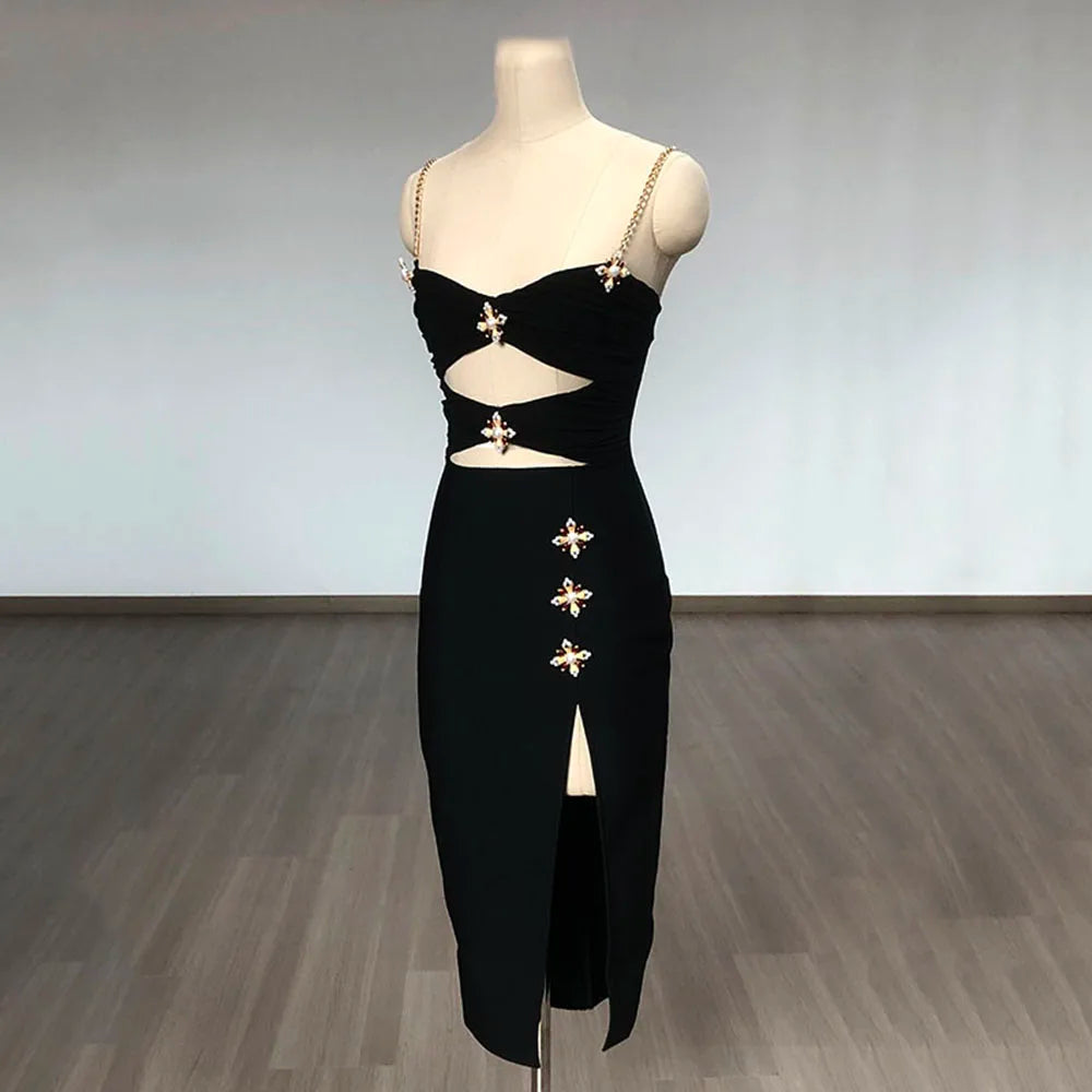 Black Cross Brooch Slit Bandage Midi Dress