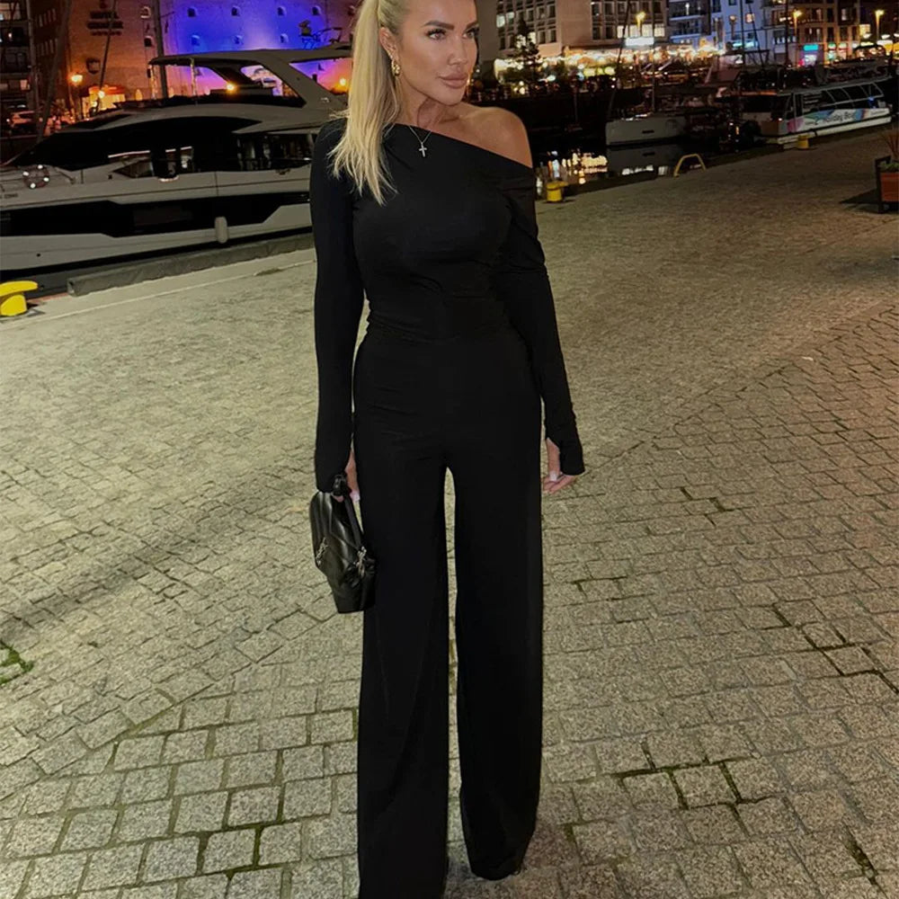 One Shoulder Flare Sleeve Top Pant Suit Party Dress