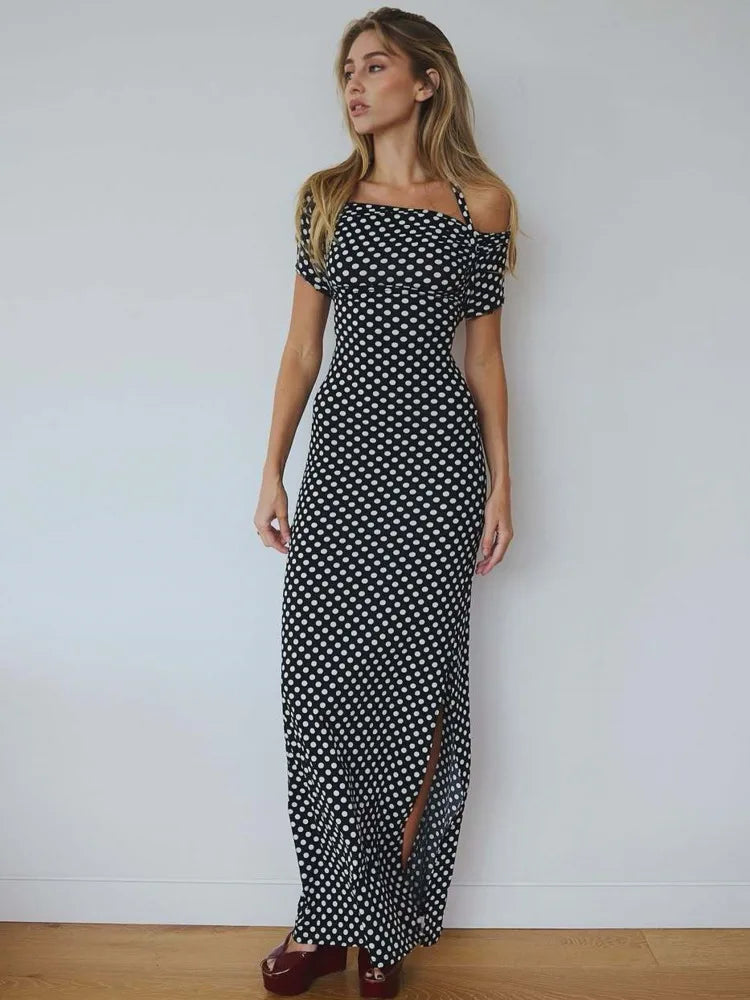 Black Polka Dot Off-Shoulder Maxi Dress