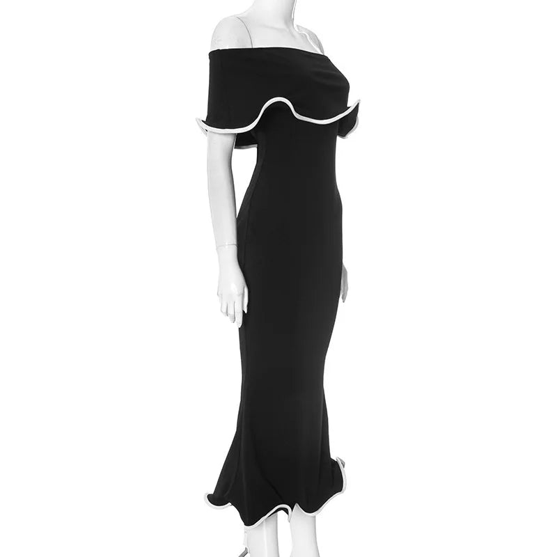 Strapless Ruffled Black Party Midi Dress