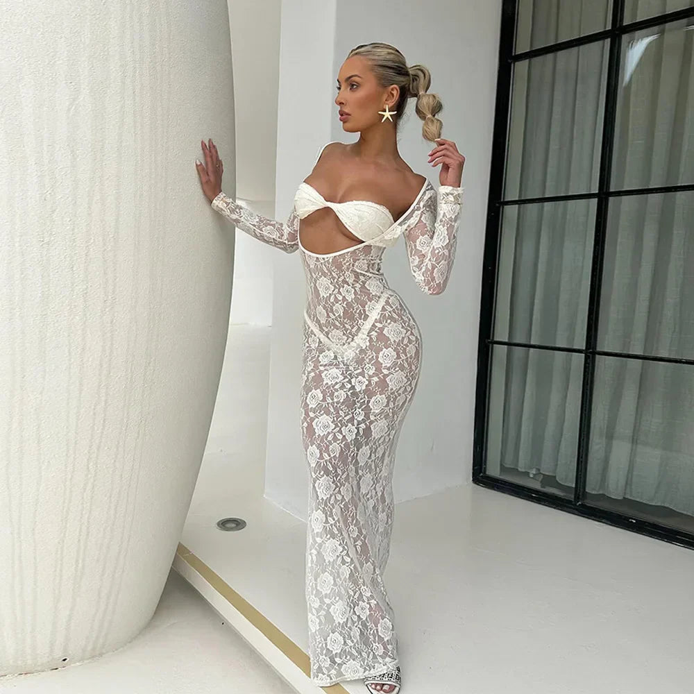 Lace Hollow Out Bodycon Perspective Maxi Dress
