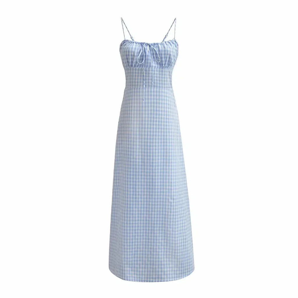 Spaghetti Strap Plaid Pink Midi Dress