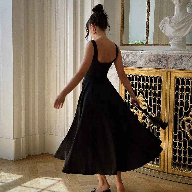 Square Neck Black Strap Spaghetti Maxi Dress
