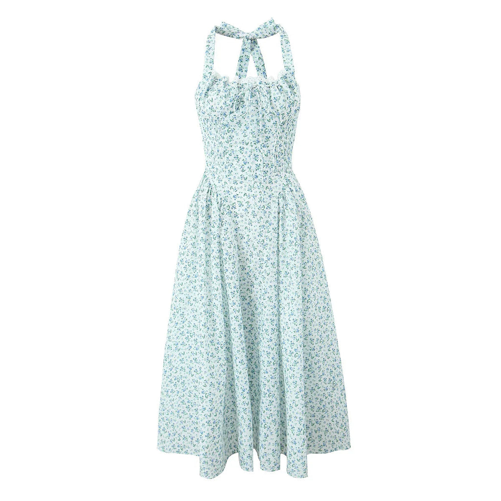 Floral Bow Halter Lace Up Midi Dress