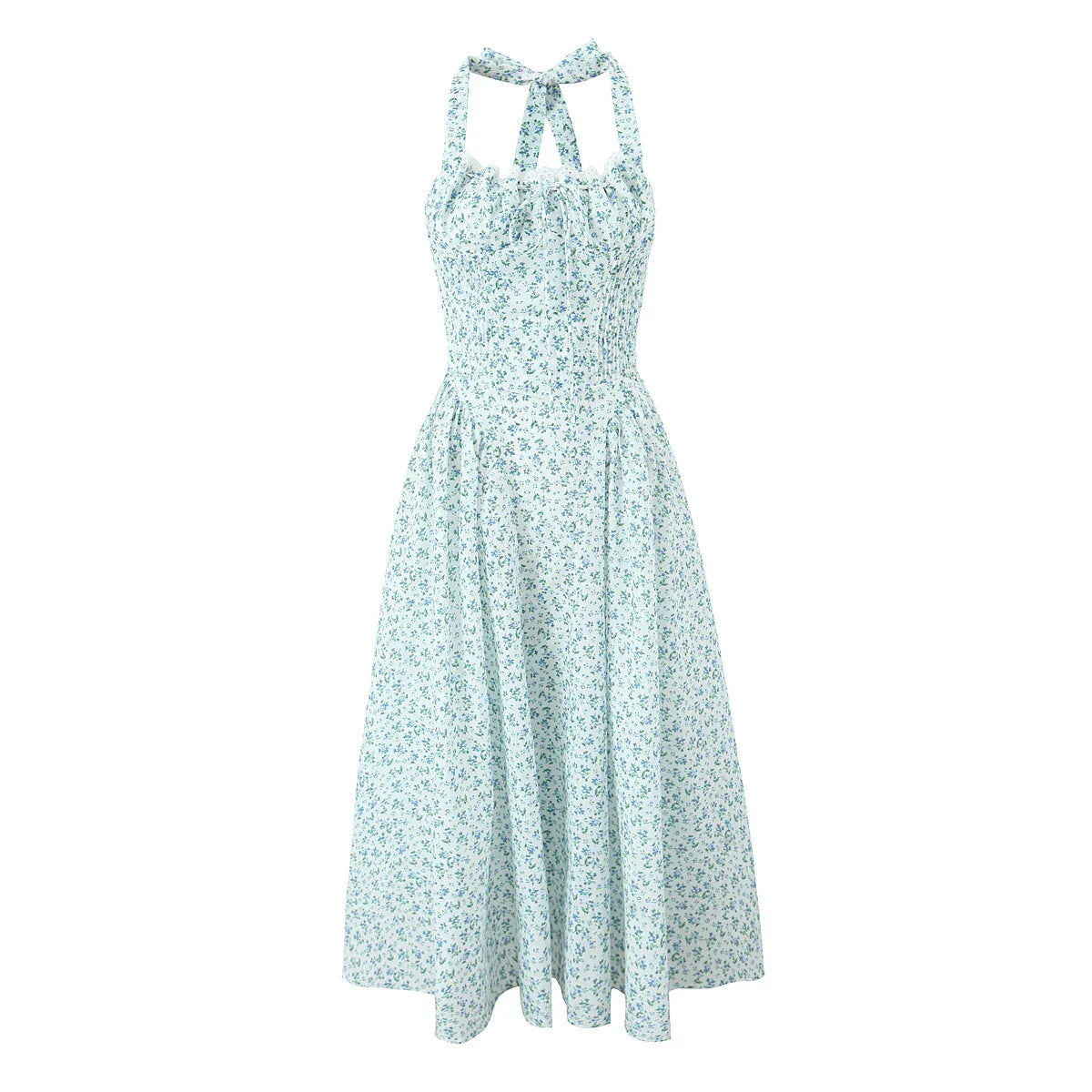 Floral Bow Halter Lace Up Midi Dress