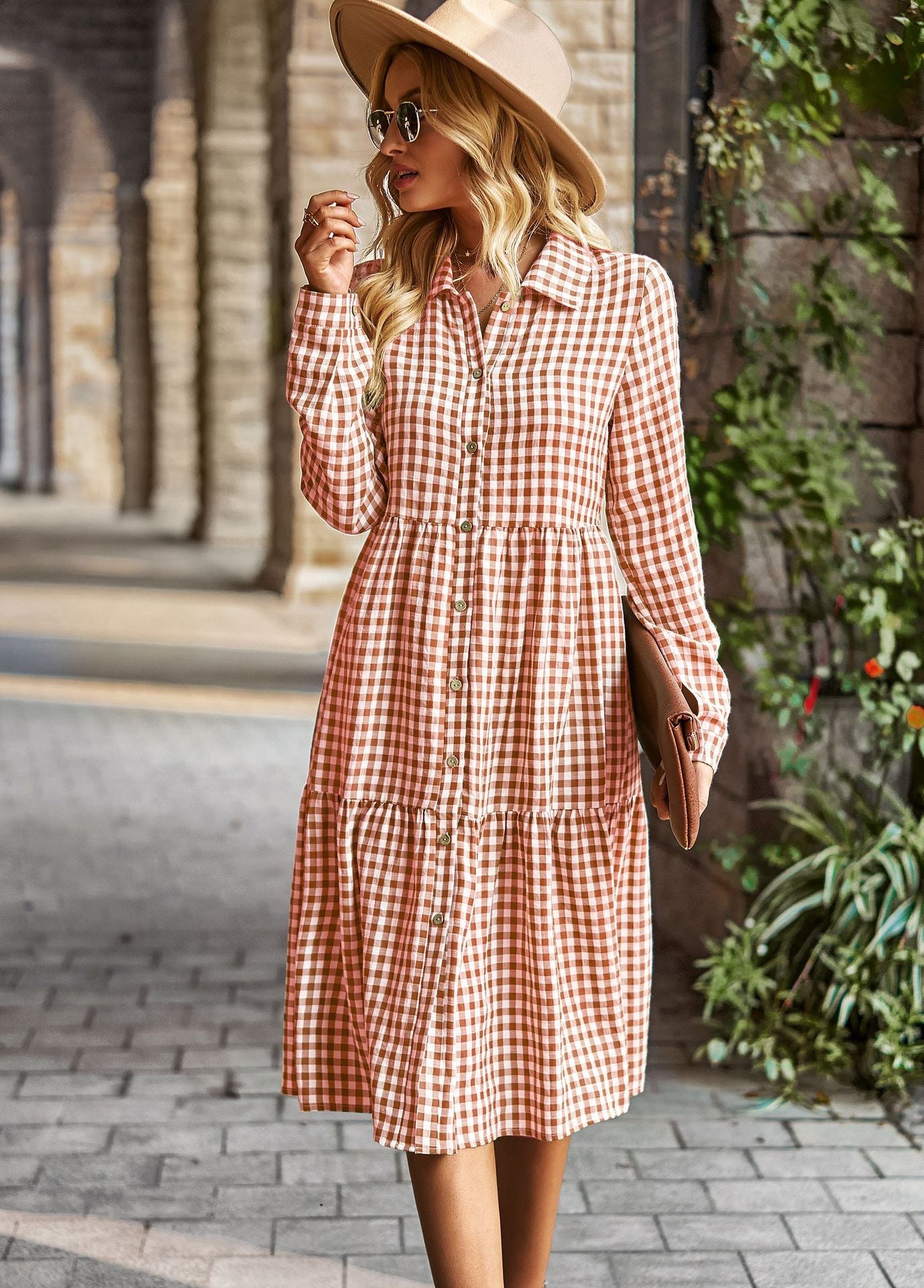 Plaid Long Sleeve Shirt Style Midi Dress