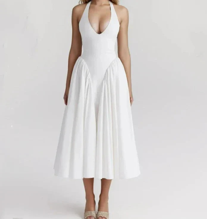 White Bow Halter Pleated Midi Dress