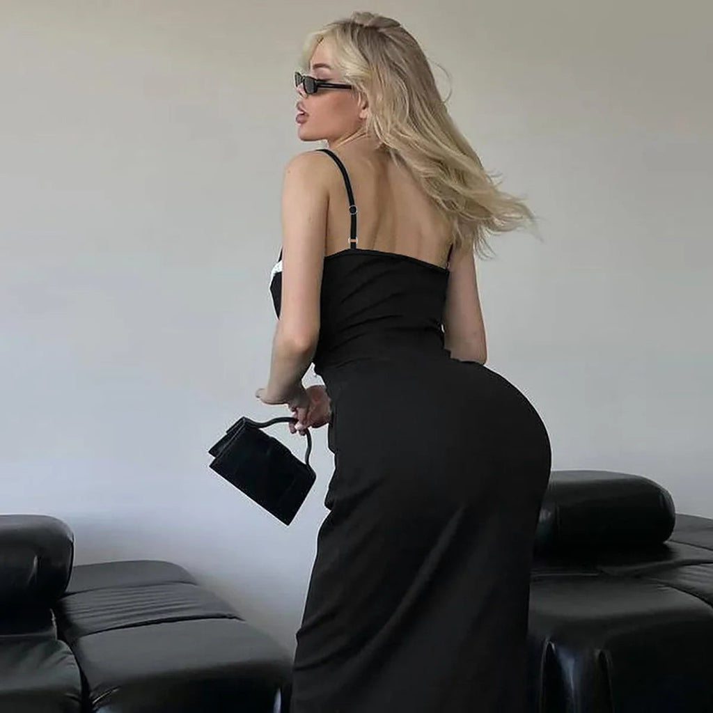 Open Back Lace Patchwork Black Strap Maxi Dress