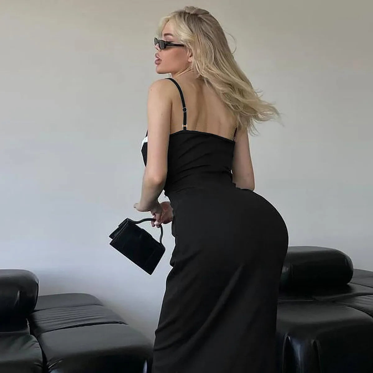 Open Back Lace Patchwork Black Strap Maxi Dress