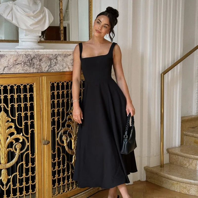 Square Neck Black Strap Spaghetti Maxi Dress