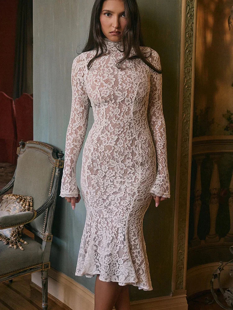 Lace White Long Sleeve Turtleneck Party Dress