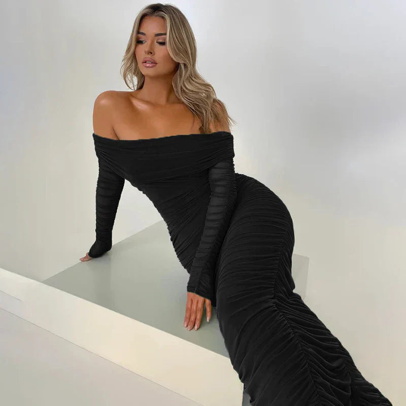 Off Shoulder Slash Neck Solid Maxi Dress