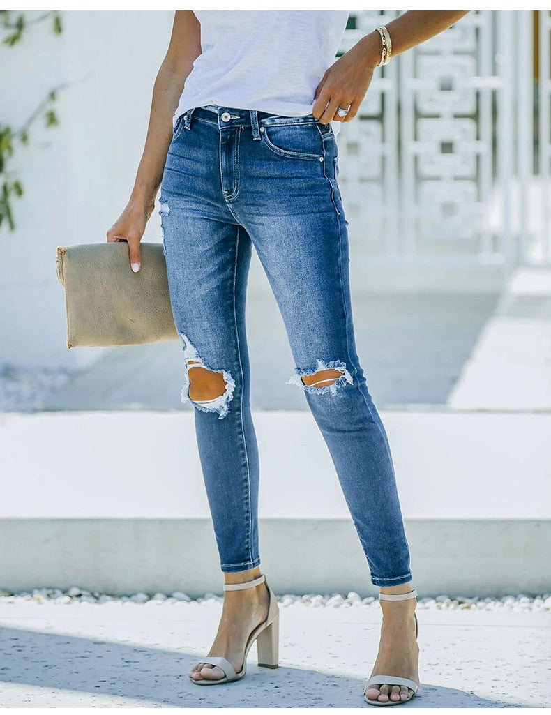 Blue Ripped High Waist Slim Denim Jean