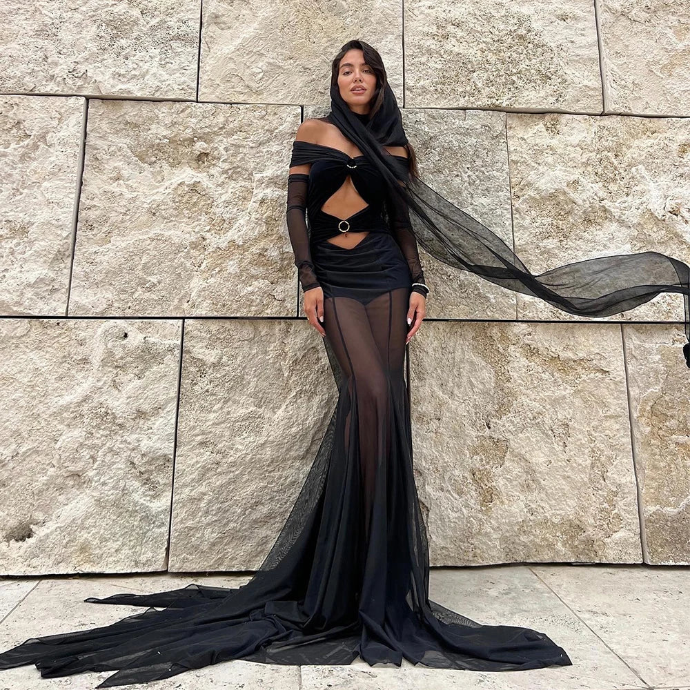 Off-Shoulder Mesh Folded Scarf Maxi Dress