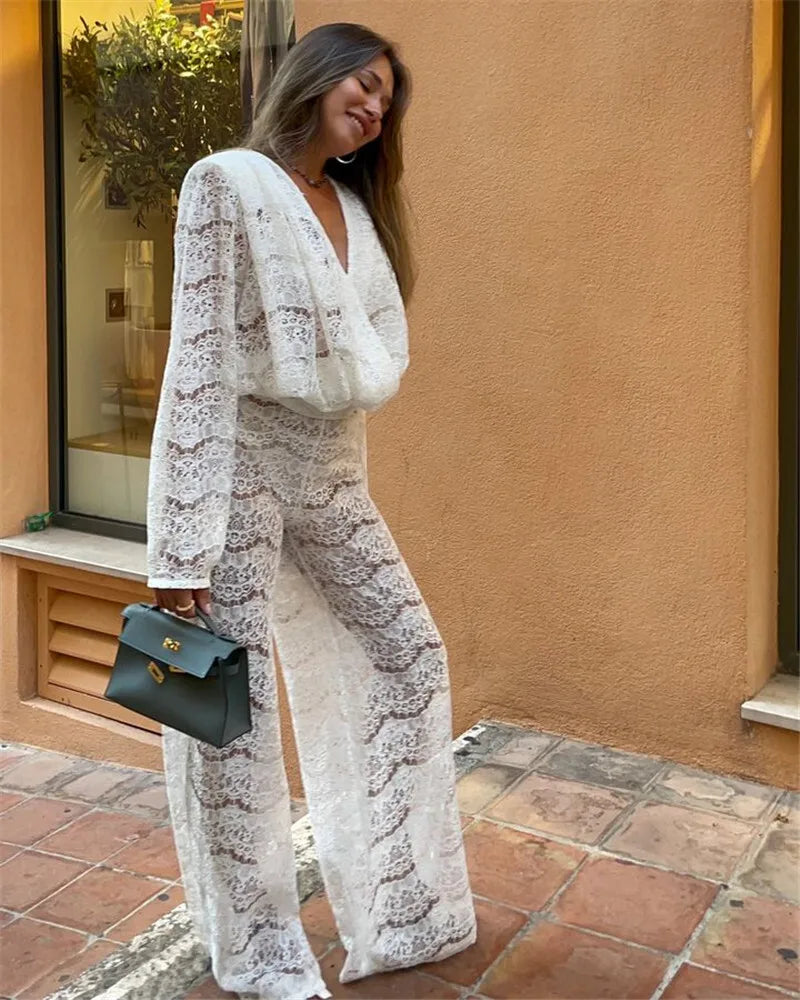 White Lace Two-Piece Loose Pants Party Dress